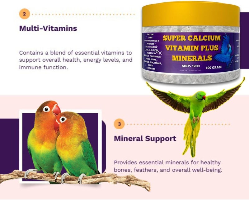Parrots Wizard سوبر بيرد كالسيوم أومن في وان (Super Bird Calcium All in 1) مسحوق متعدد الفيتامينات والمعادن بوزن 100 جرام للببغاء - Image 5