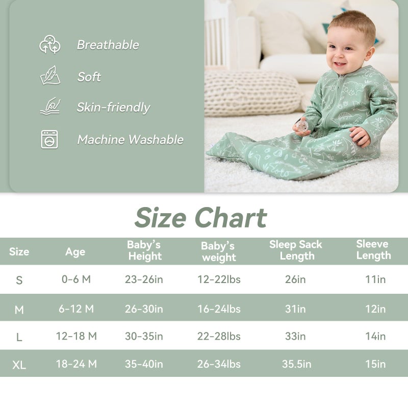 FIEMOL Baby Sleep Sack 0-6 Months, Long Sleeve Baby Wearable Blanket 0.5 Tog with Mittens, 2-Way Zipper Newborn Cotton Sleeping Sack for Boy and Girl Green Dinosaur 2 Pack (Small) - Image 4