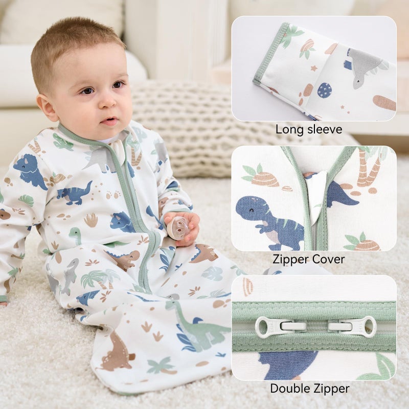 FIEMOL Baby Sleep Sack 0-6 Months, Long Sleeve Baby Wearable Blanket 0.5 Tog with Mittens, 2-Way Zipper Newborn Cotton Sleeping Sack for Boy and Girl Green Dinosaur 2 Pack (Small) - Image 3