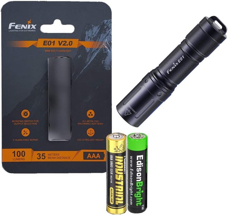 Fenix E01 V2 100 Lumen LED flashlight with EdisonBright AAA alkaline battery bundle Black