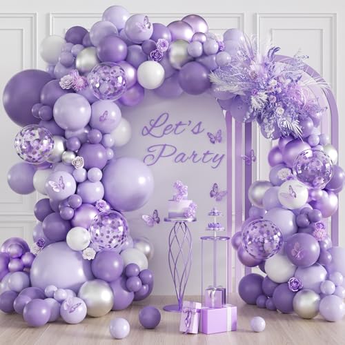 Leraqertra Purple Balloon Arch Kit with Pastel Metallic Purple Confetti Silver White Balloons for Wedding Bridal Baby Shower Birthday Party Decorations - Image 1