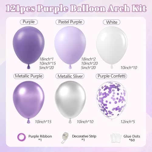 Leraqertra Purple Balloon Arch Kit with Pastel Metallic Purple Confetti Silver White Balloons for Wedding Bridal Baby Shower Birthday Party Decorations - Image 5