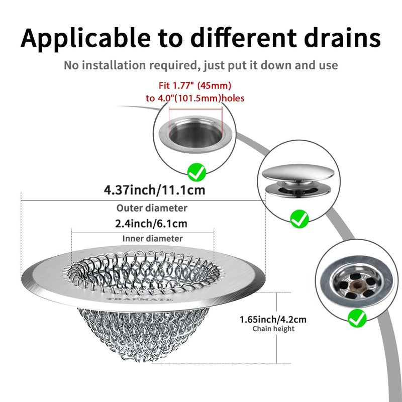 TRAPMATE Shower Drain Hair Catcher, 4.4" Easy Clean Bathtub Drain Hair Catcher, Anti-Slip Bath Tub Drain Protector, Upgraded 304 Stainless Steel Shower Sink Drain Cover for Bathroom (Patented Product) - Image 2