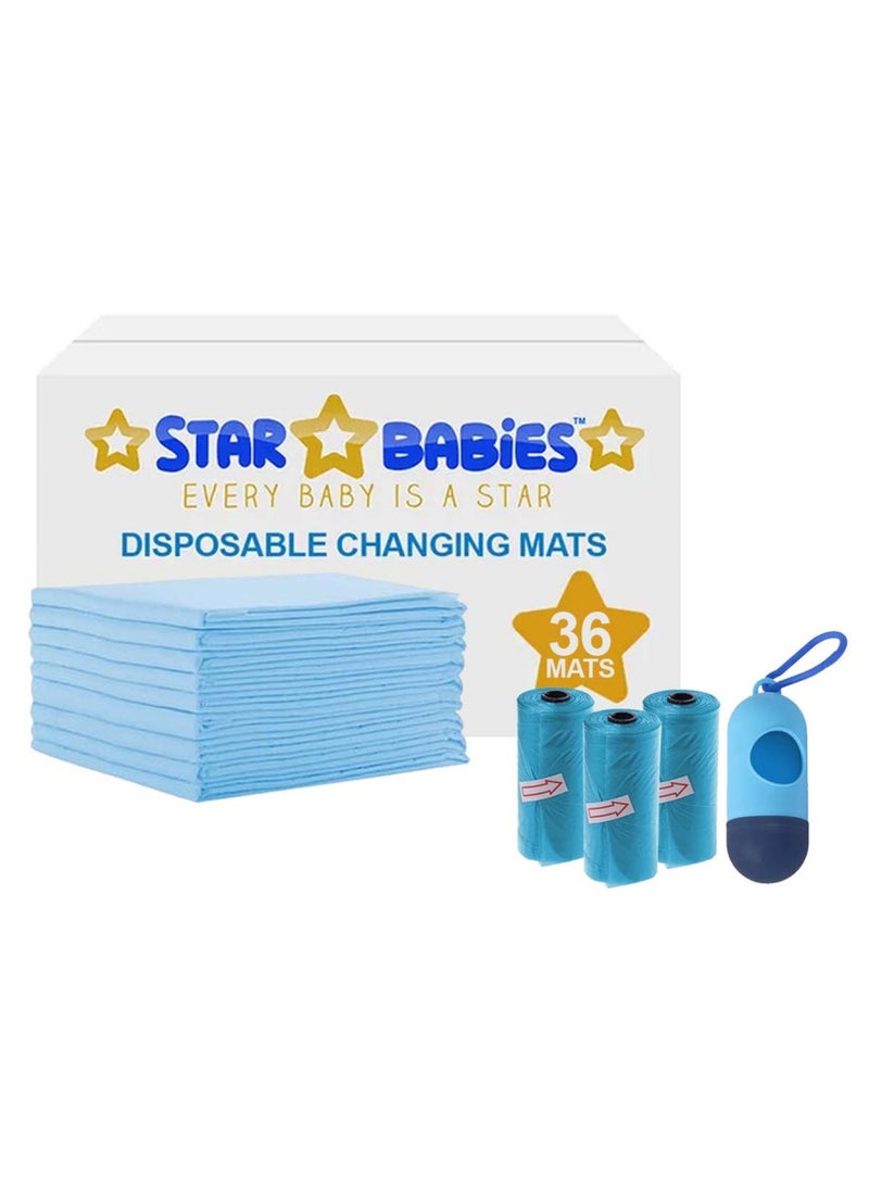 STAR BABiES Combos Pack Disposable Changing Mat 45 X 60Cm Pack Of 36 With Scented Bag Pack Of 3 W/Dispernser 45Bags - Blue  - Image 1
