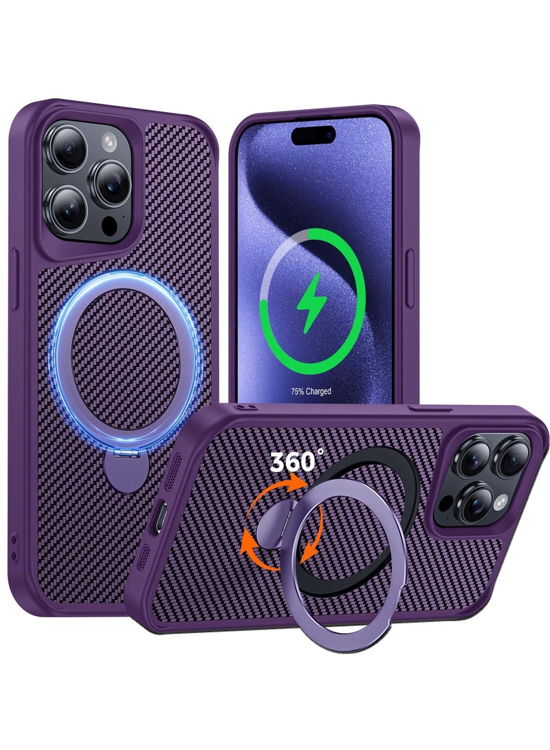 SOKAD IPhone 15 Pro Max Case with 360° Magnetic Stand, Carbon Fiber Phone Case [Compatible with Magsafe] [16FT Protection] with Stand Ring 6.7'', Purple - Image 1