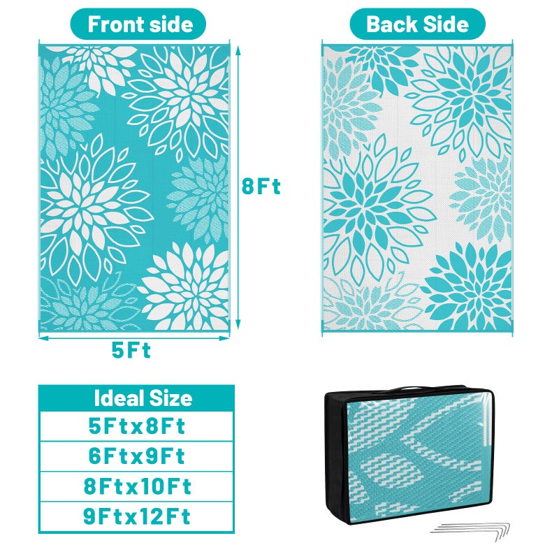 HEBE Waterproof Outdoor Rug 5x8 for Patios, Floral Reversible Plastic Straw Rug Patio Mat, Indoor Outdoor Carpet RV Mat Camping Rug for Deck, Camper, Porch, Balcony, Backyard, Picnic - Image 3