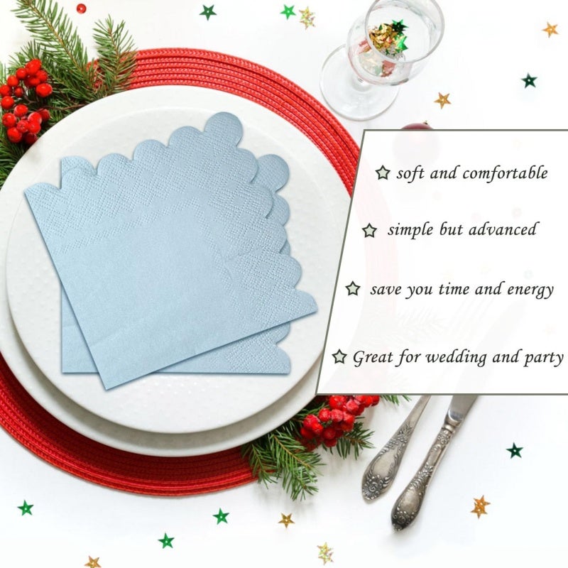 Light Blue Scalloped Disposable Napkins: 2 Ply Thick Folded - High Value Decorative Cocktail Napkins for Wedding Party Banquet Dining - Image 3