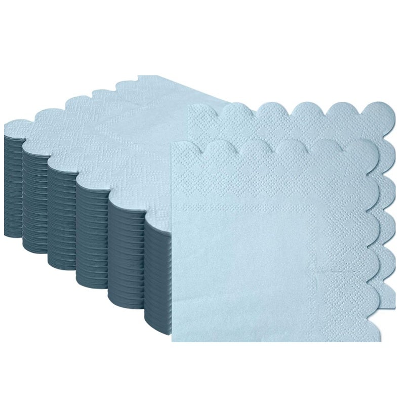 Light Blue Scalloped Disposable Napkins: 2 Ply Thick Folded - High Value Decorative Cocktail Napkins for Wedding Party Banquet Dining - Image 1