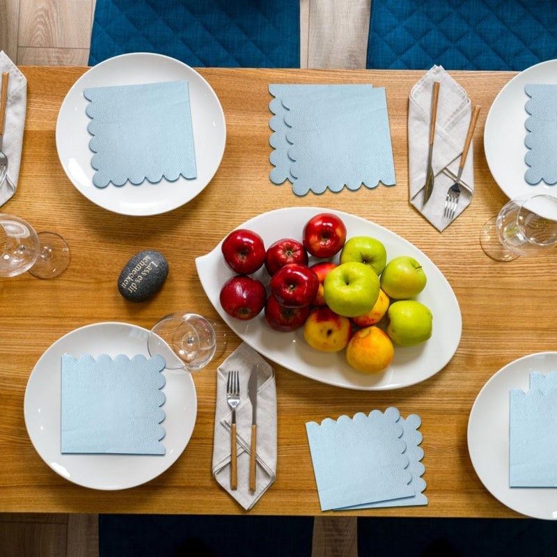 Light Blue Scalloped Disposable Napkins: 2 Ply Thick Folded - High Value Decorative Cocktail Napkins for Wedding Party Banquet Dining - Image 2