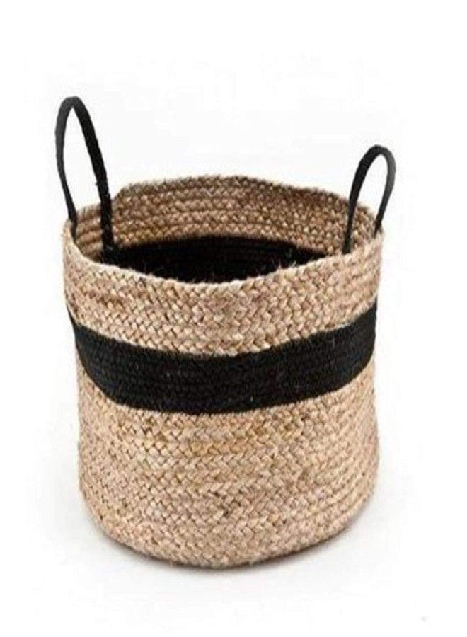 pepme Jute Basket, Planter Basket for Home, Photoshoot, Multi-Purpose Storage Bag for Bathroom Living Room Laundry & Toys (Black Strip, Handle, 10 inch) - Image 2