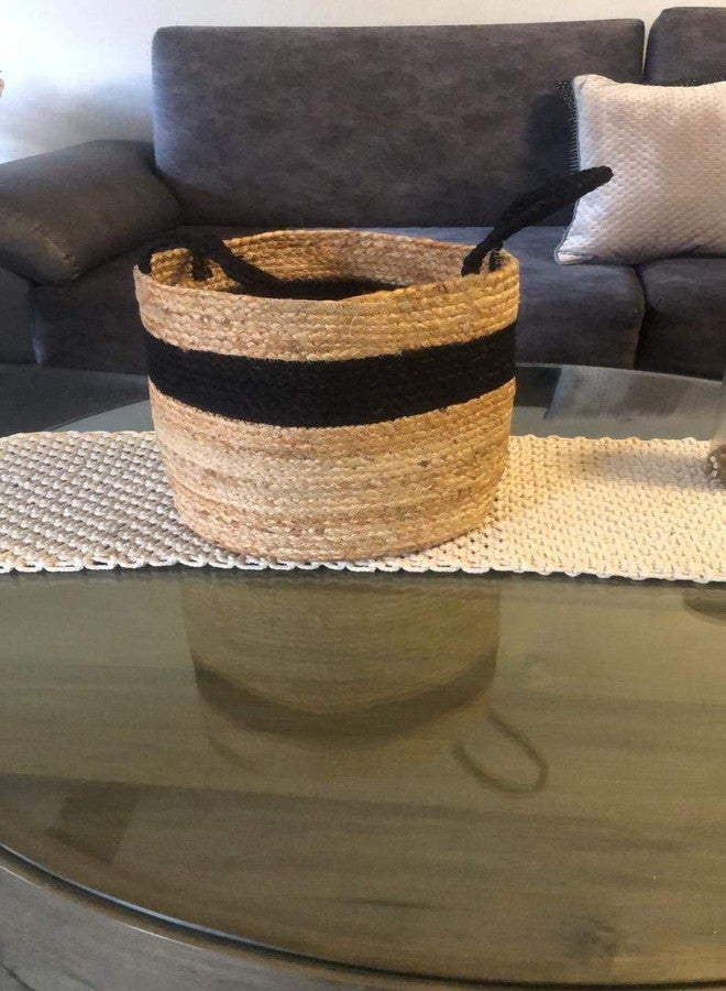 pepme Jute Basket, Planter Basket for Home, Photoshoot, Multi-Purpose Storage Bag for Bathroom Living Room Laundry & Toys (Black Strip, Handle, 10 inch) - Image 1