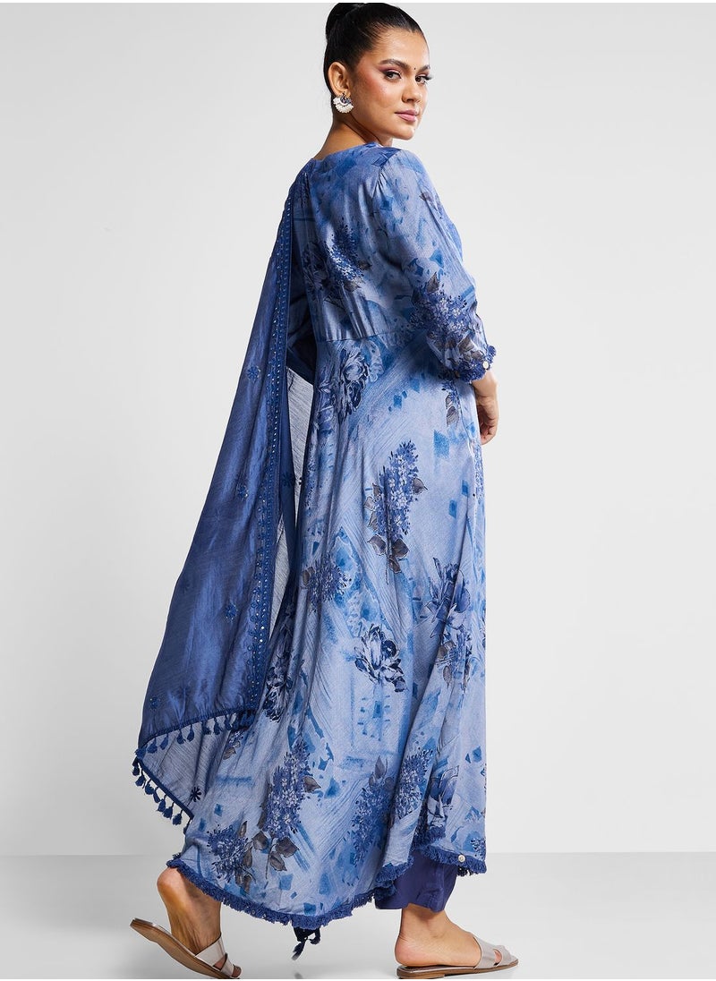 indya - Button Detail Printed Kurti & Pants Set - Image 1