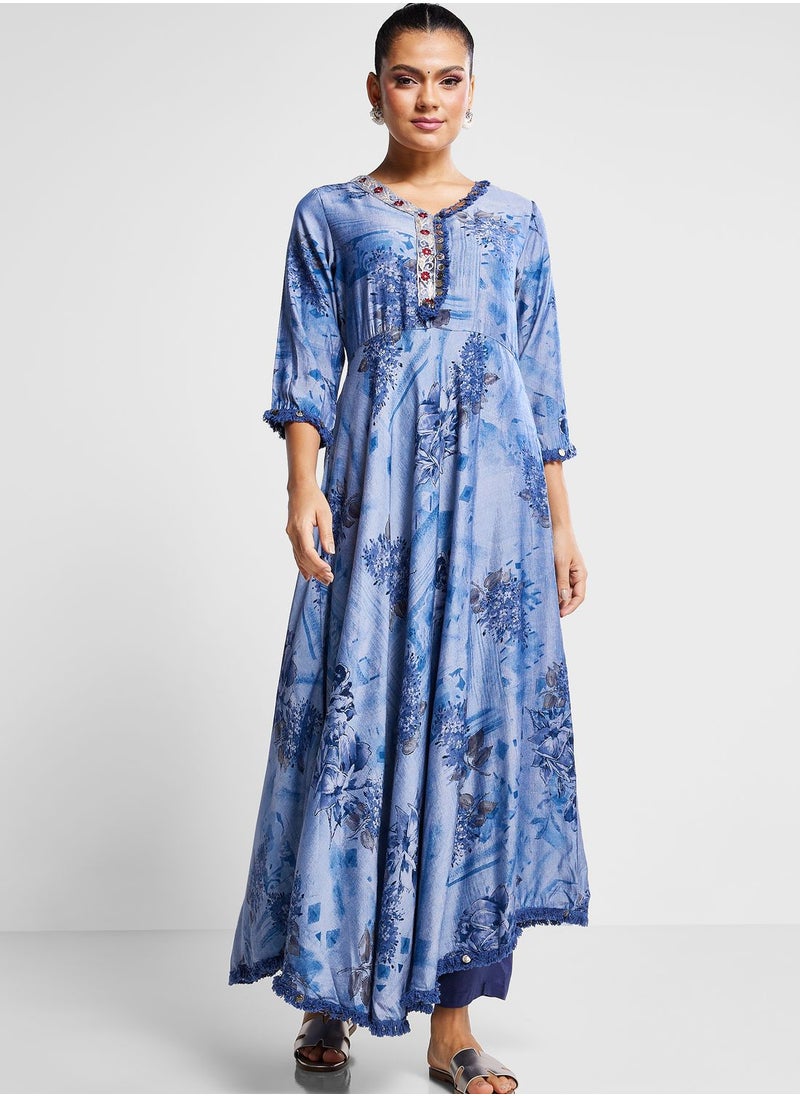 indya - Button Detail Printed Kurti & Pants Set - Image 1