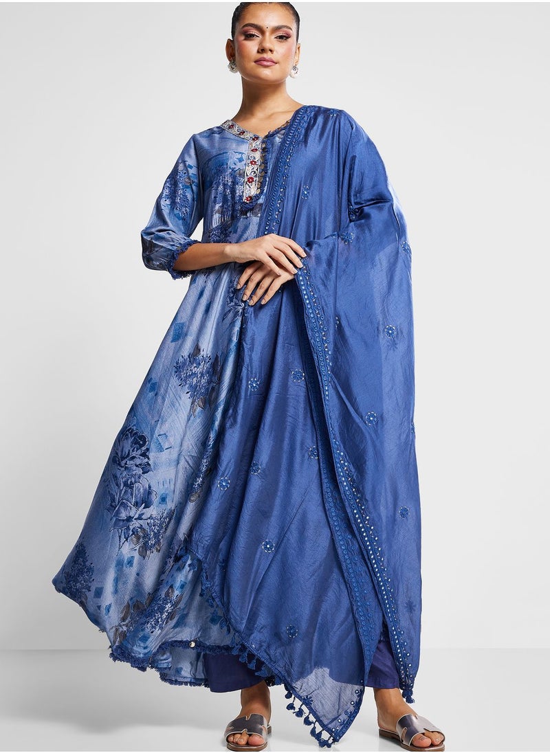 indya - Button Detail Printed Kurti & Pants Set - Image 1