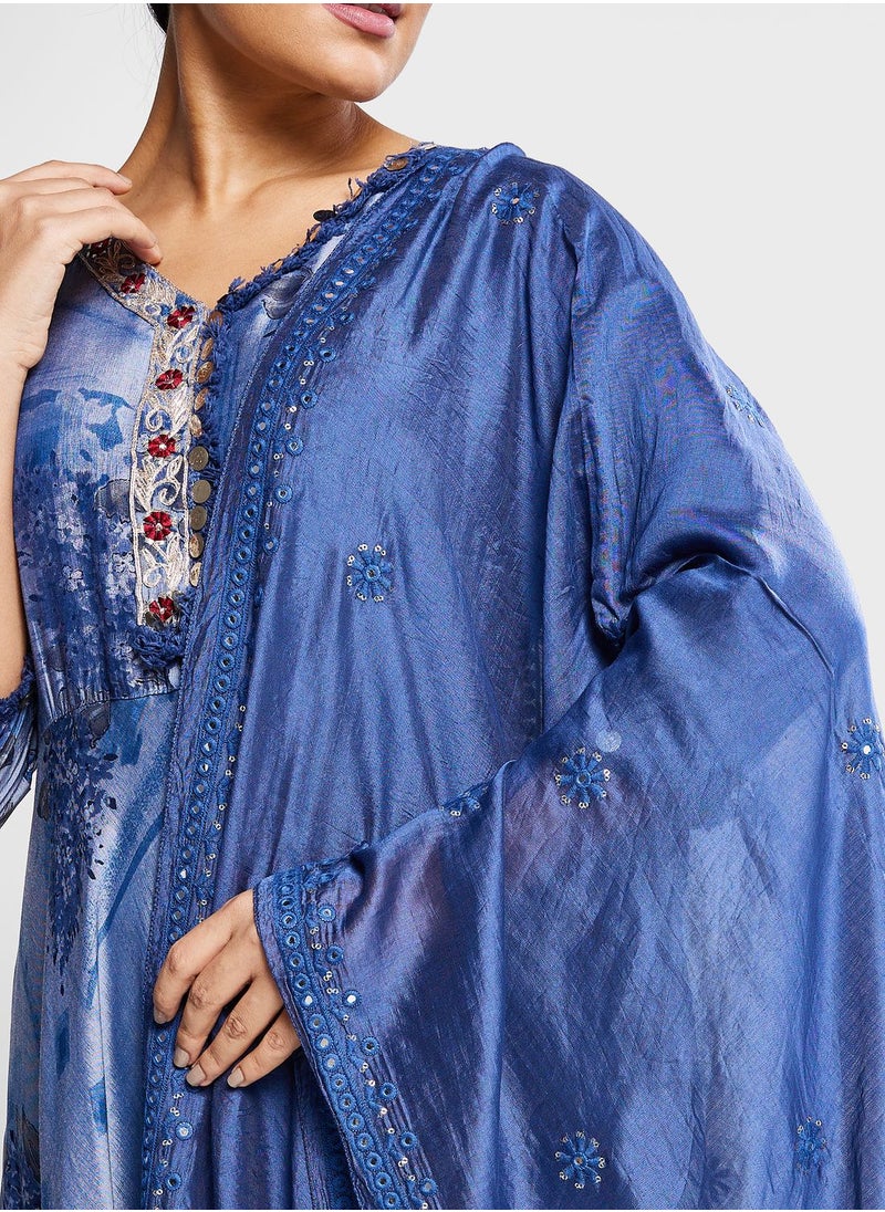 indya - Button Detail Printed Kurti & Pants Set - Image 1