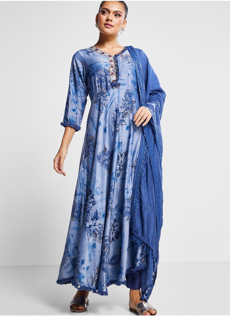 indya - Button Detail Printed Kurti & Pants Set - Image 1