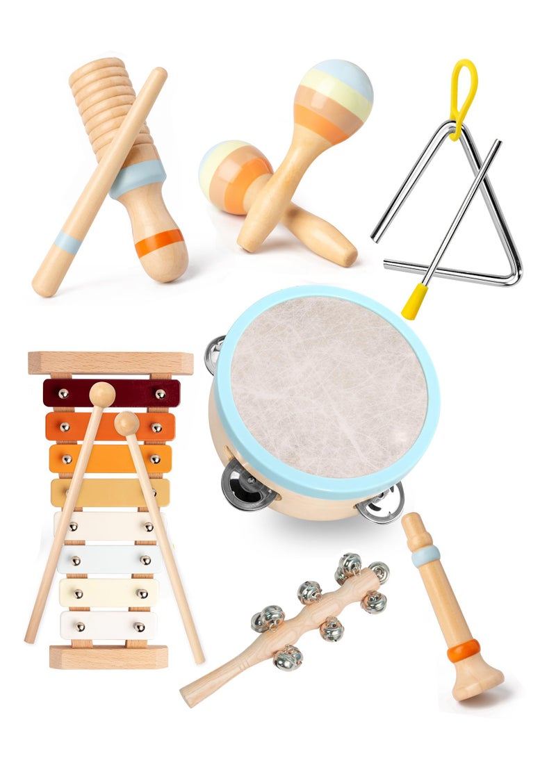 Baby Musical Instruments Set - Neutral Colors Wooden Montessori Toys Percussion Music Modern Boho Xylophone Birthday Gifts for 1 2 3 Year Old Kids Baby Toddlers Boys Girls with Storage Bag - Image 1
