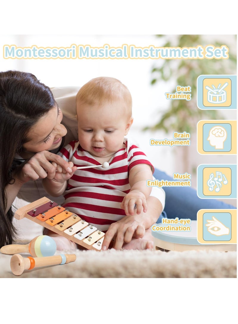 Baby Musical Instruments Set - Neutral Colors Wooden Montessori Toys Percussion Music Modern Boho Xylophone Birthday Gifts for 1 2 3 Year Old Kids Baby Toddlers Boys Girls with Storage Bag - Image 2