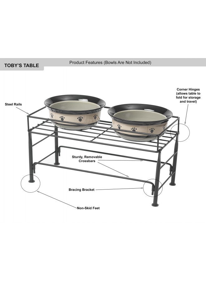 PetRageous 81031 Tobys Set The Table Steel Frame Dog Feeder, 7-Inch Tall by 18-Inch Long and 8.5-Inch Wide, Holds Two 8-Inch Diameter Bowls, for Medium Dogs And Cats, Black
