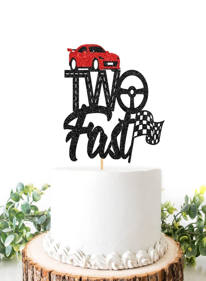 Helewilk Two Fast Cake Topper, Happy 2nd Birthday Cake Picks for Boys Girls, Baby Kids 2 Years Old Birthday Party Decorations, Race Car Hot Wheel and Flag Sign Party Favors, Black - Image 1