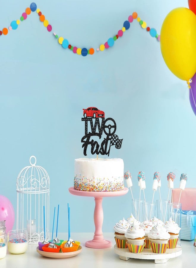 Helewilk Two Fast Cake Topper, Happy 2nd Birthday Cake Picks for Boys Girls, Baby Kids 2 Years Old Birthday Party Decorations, Race Car Hot Wheel and Flag Sign Party Favors, Black - Image 4