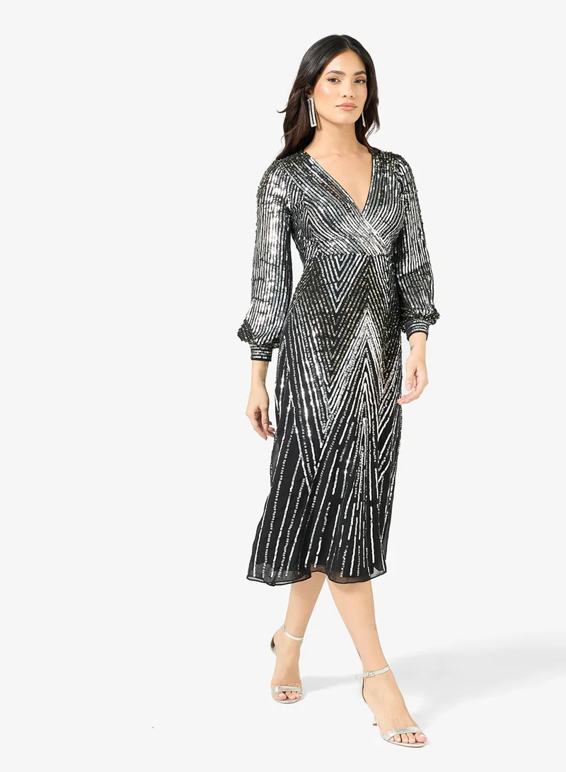 V-Neck Sequin Midi Dress