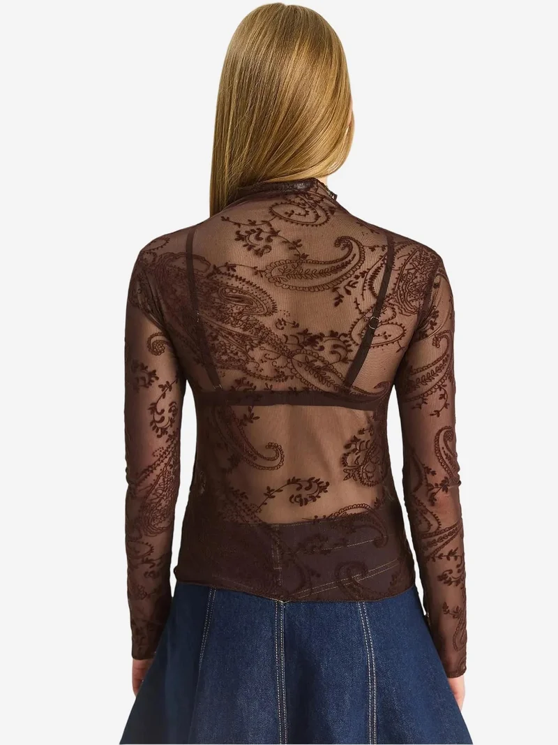 Bianco Lucci Mocha Brown LUCCI Paisley Print Cut-Out Half Turtleneck Blouse for Women | Best Price UAE