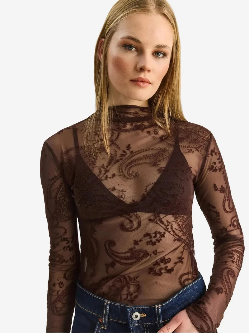 Bianco Lucci Mocha Brown LUCCI Paisley Print Cut-Out Half Turtleneck Blouse for Women | Best Price UAE