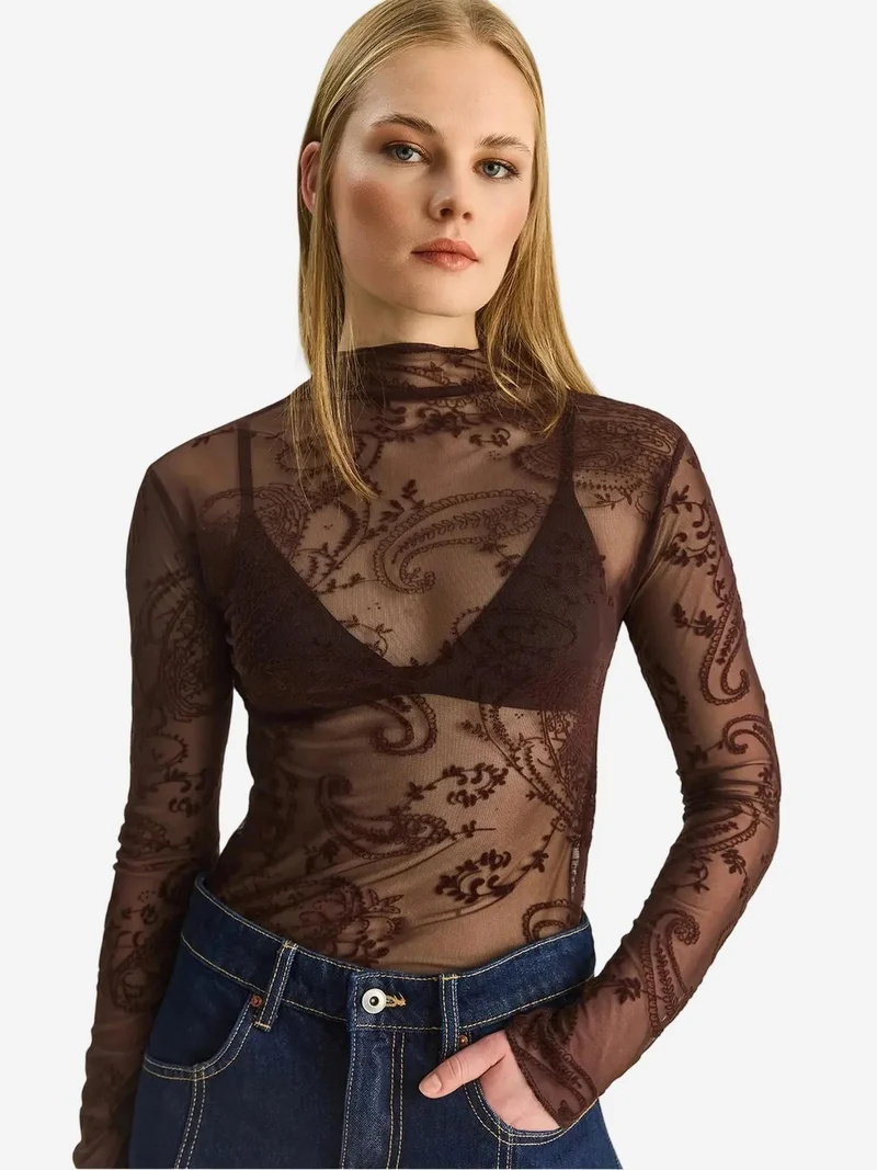 Bianco Lucci Mocha Brown LUCCI Paisley Print Cut-Out Half Turtleneck Blouse for Women | Best Price UAE