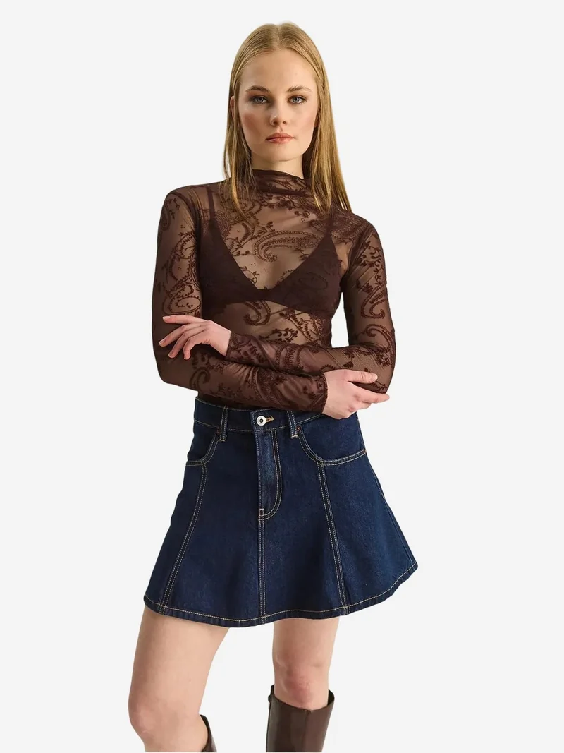 Bianco Lucci Mocha Brown LUCCI Paisley Print Cut-Out Half Turtleneck Blouse for Women | Best Price UAE