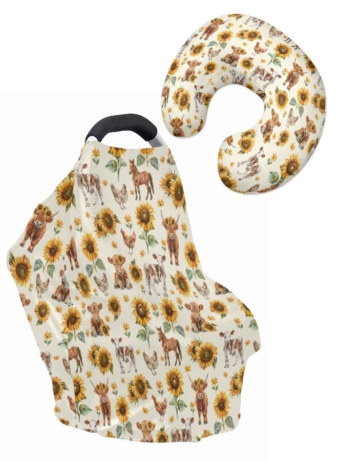 ZDCUSTOM Sunflower Highland Cow Baby Car Seat Covers with Nursing Pillowcase Set of 2, Multi-use Car Seat Canopy Carrier Protector, Breathable Breastfeeding Cover for Girl Boy - Image 1