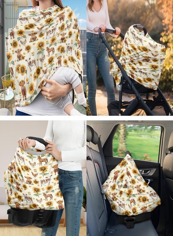 ZDCUSTOM Sunflower Highland Cow Baby Car Seat Covers with Nursing Pillowcase Set of 2, Multi-use Car Seat Canopy Carrier Protector, Breathable Breastfeeding Cover for Girl Boy - Image 2