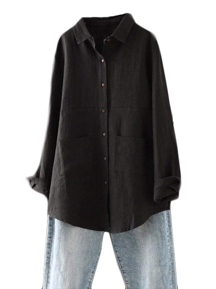 Minibee Women's Linen Shirts Button Down Long Tunic Tops Plus Size Blouse With Pockets Black 2XL - Image 1