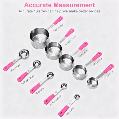 Bopei Measuring Cups and Spoons Set Stainless Steel 10 Piece for Cooking and Baking (5 Cups + 5 Spoons, Pink Handle) - Image 2