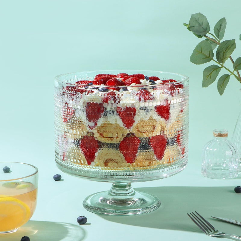 MDLUU Glass Trifle Bowl with Pedestal, 3.43qt Footed Dessert Stand, Vintage Centerpiece Bowl for Layered Cakes, Fruits, Salad (Raindrop Pattern) - Image 5