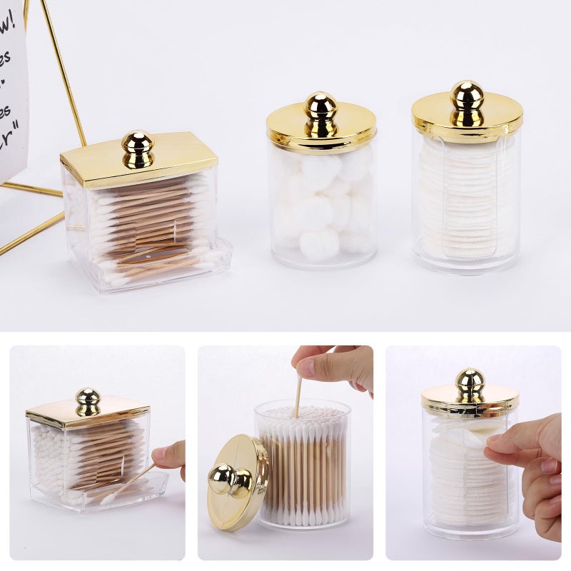Tbestmax 3 Pack Qtips Dispenser - Bathroom Organizers and Storage Containers, Plastic Apothecary Jars with Gold Lids for Cotton Ball Swab Round Pads, Floss - Gold - Image 4
