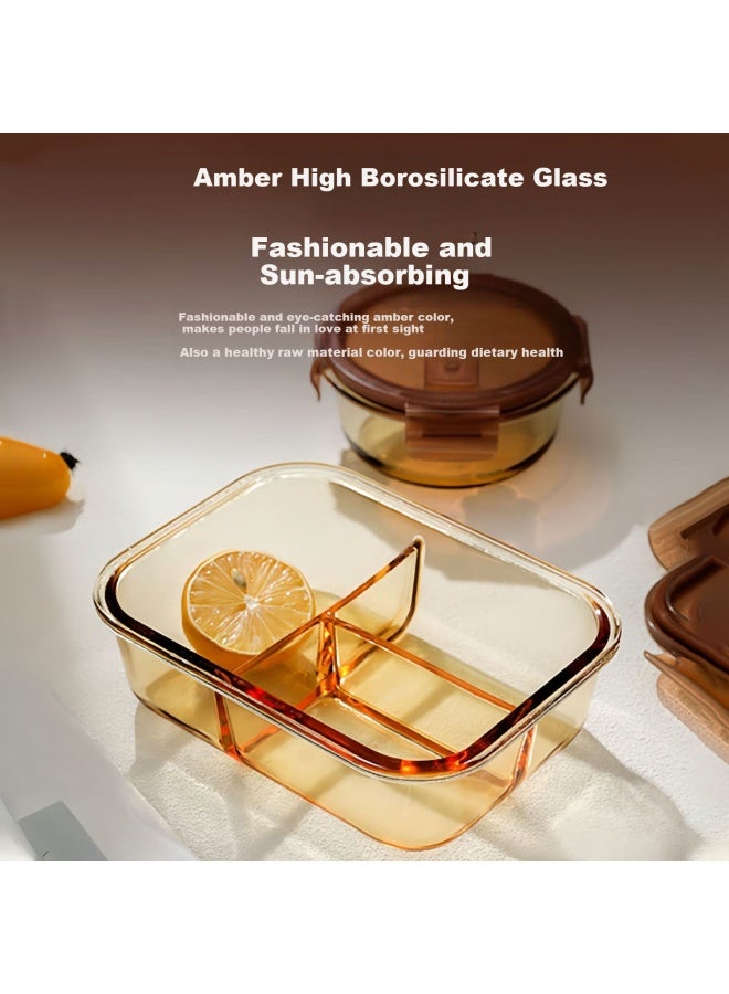 Cilock Xile Kuo Heat-resistant Glass Food Storage Container, Microwave-safe Lunch Box, Large Capacity Meal Box For Office Workers, Amber Three-compartment + Round + Bag - Image 2
