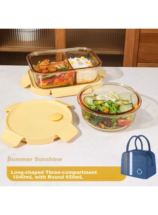 Cilock Xile Kuo Heat-resistant Glass Food Storage Container, Microwave-safe Lunch Box, Large Capacity Meal Box For Office Workers, Amber Three-compartment + Round + Bag - Image 5
