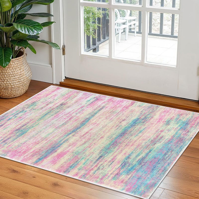KOZYFLY Modern Abstract Small Area Rugs 2x3, Washable Indoor Front Door Mat Non-Slip Soft Small Bathroom Rug, Entryway Rugs Abstract Print Faux Wool Doormat Kitchen Mats, Multi Pink - Image 1