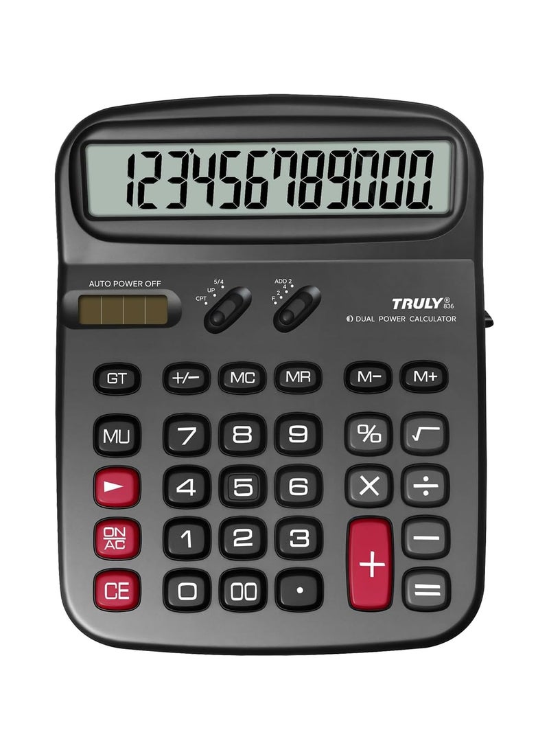 Truly 836-12 Desktop Calculator 12-Digit Large LCD Display, Dual Power with Solar & Battery, GT & MU Keys, Angled Display with Power Switch – Ideal for Office & Business Use - Image 1