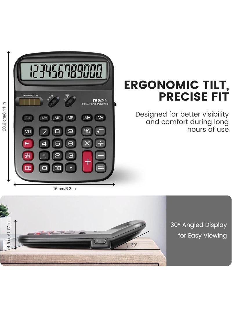 Truly 836-12 Desktop Calculator 12-Digit Large LCD Display, Dual Power with Solar & Battery, GT & MU Keys, Angled Display with Power Switch – Ideal for Office & Business Use - Image 5