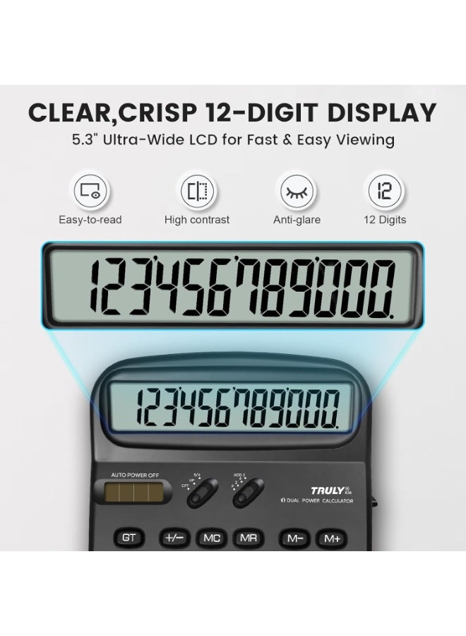 Truly 836-12 Desktop Calculator 12-Digit Large LCD Display, Dual Power with Solar & Battery, GT & MU Keys, Angled Display with Power Switch – Ideal for Office & Business Use - Image 4