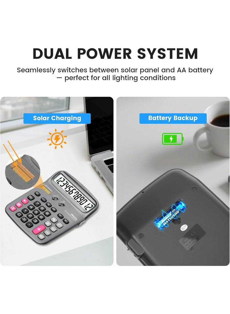 Truly 836-12 Desktop Calculator 12-Digit Large LCD Display, Dual Power with Solar & Battery, GT & MU Keys, Angled Display with Power Switch – Ideal for Office & Business Use - Image 3