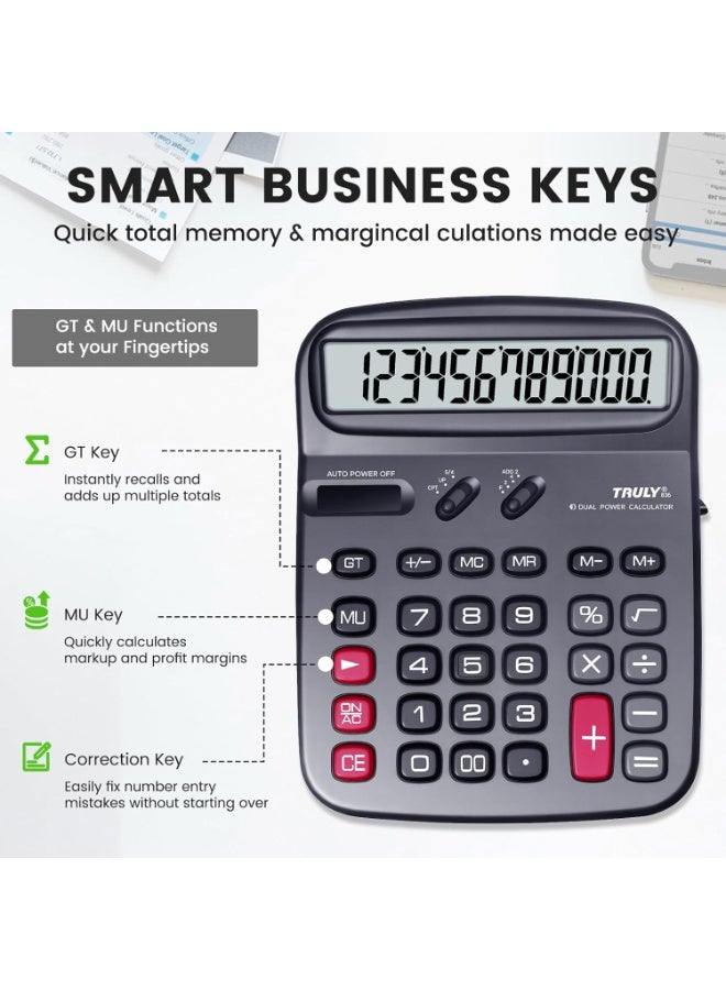 Truly 836-12 Desktop Calculator 12-Digit Large LCD Display, Dual Power with Solar & Battery, GT & MU Keys, Angled Display with Power Switch – Ideal for Office & Business Use - Image 2
