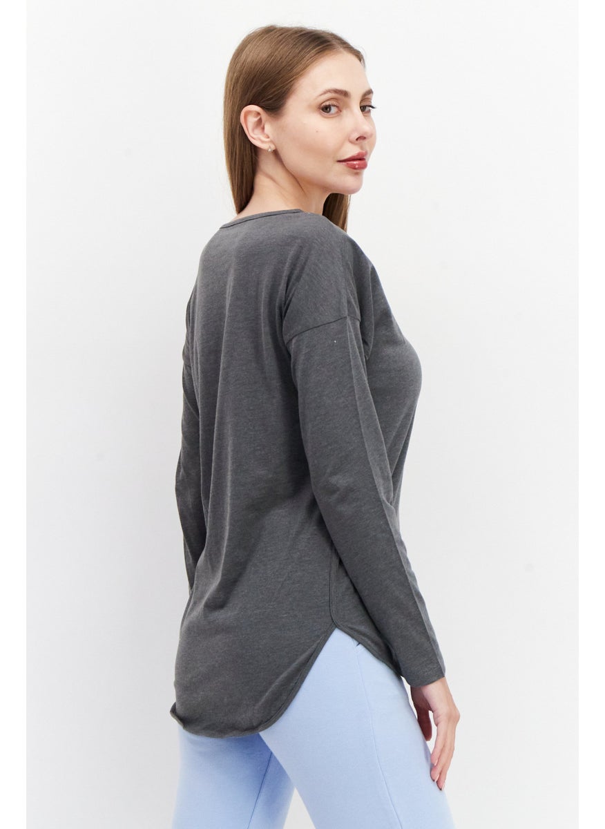 Eddie Bauer Women Round Neck Long Sleeve Plain T Shirt, Grey  - Image 3