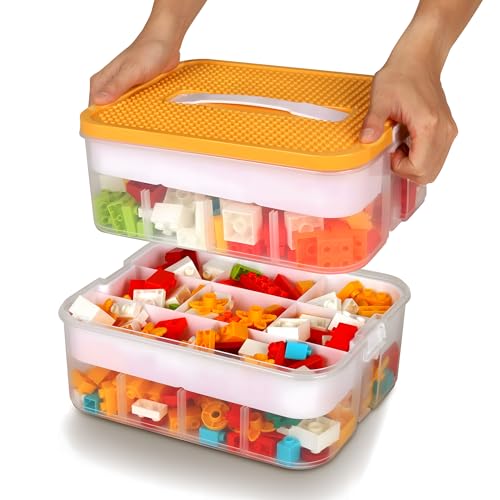 WillingHeart Kids Toys Storage Organizer for Lego Clear Building Blocks Container Box with Baseplate Lids 2 Layers Stackable Playroom Organization Bin Portable Drawers Bricks Puzzle Board Craft Compartments Case - Image 1