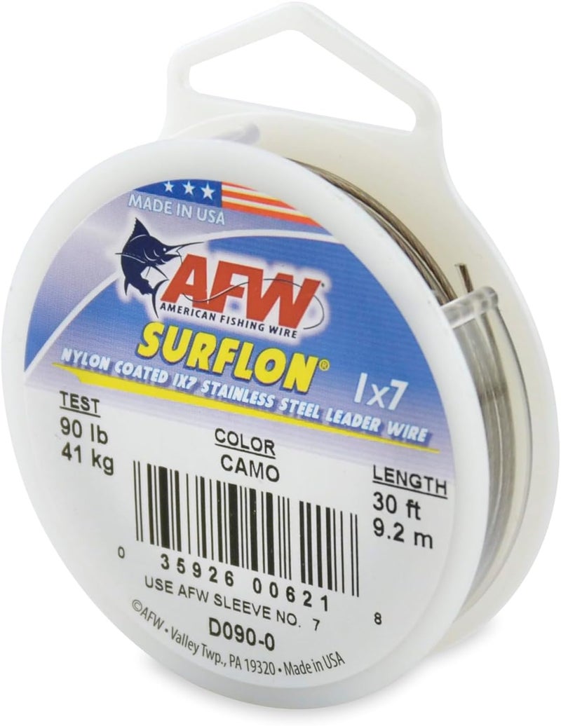 AFW American Fishing Wire Surflon Nylon Coated 1x7 Stainless Steel Leader Wire - Fishing Leader Line for Saltwater, 10lb Test - 250lb Test in Bright, Black, Camo in 30ft, 100ft, 300ft and 1,000ft Lengths - Image 1