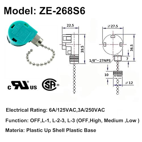 PaeorRorL Ceiling Fan Switch 3 Speed 4 Wire Zing Ear ZE 268S6 Pull Chain Switch Control Replacement for Ceiling Fans,Wall Lamps,Cabinet Light (Nickel Pull Chain) - Image 2