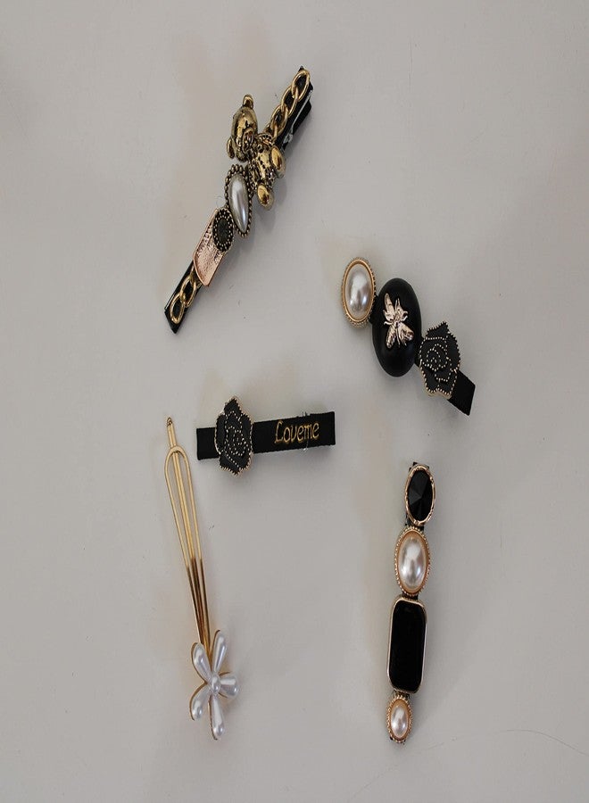SNNP 5 Piece Korean Style Pearl Barrettes Women's Set Hairpin Korean Style Hair Clip Marble Alligator bobby pins Duckbilled Headdress Jewelry Hair Accessories set (Black) - Image 2