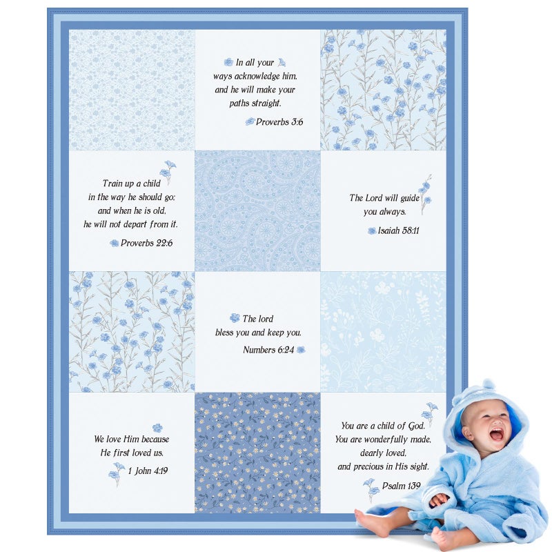 Oudain Christian Baby Blankets with Bible Verses Scripture Flowers Paisley Baby Receiving Baptism Blanket Christian Christening Gifts for Newborn Kids, 30 x 40 Inch(Blue) - Image 1